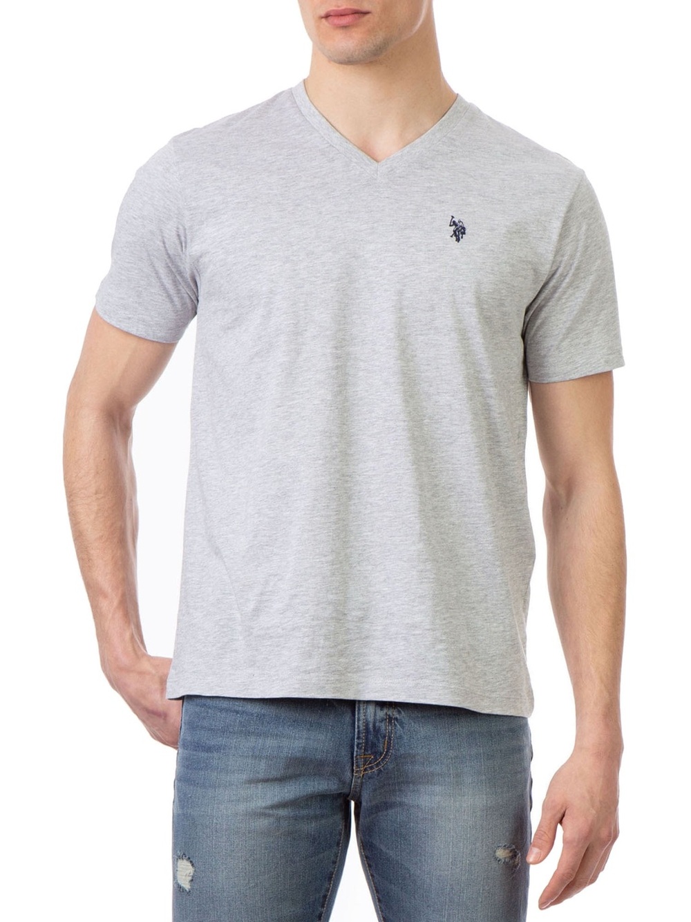 Polo V-Neck Tee in Light Gray with Logo